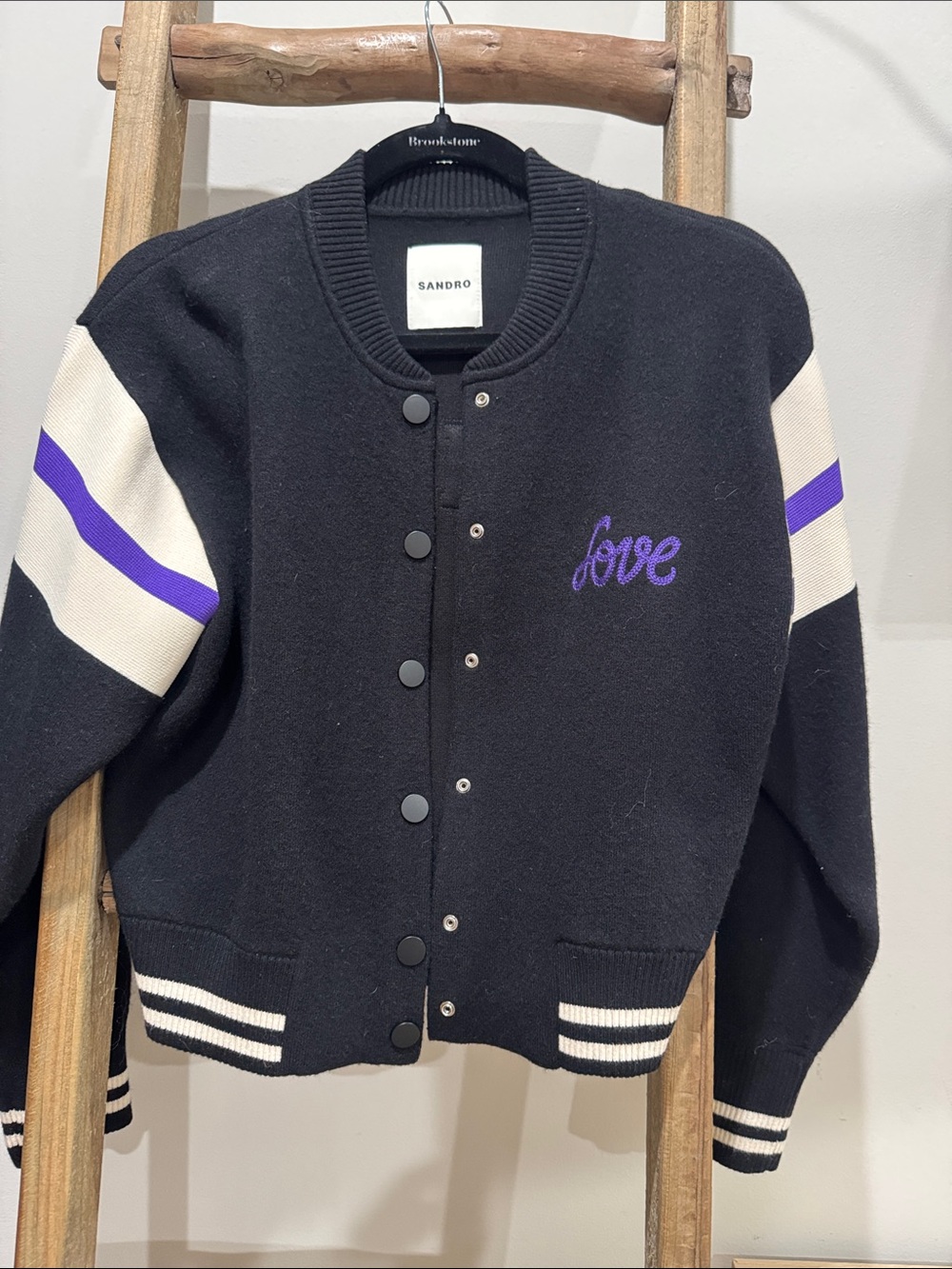 Sandro Black Jacket with Purple 'Love' Embroidery